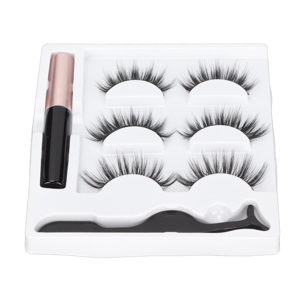 3 Pairs False Eyelashes Kit Glue Free Dense 6D Magnetic Eyelashes Kit for Stage Performance Daily Dating 5ml Eyeliner
