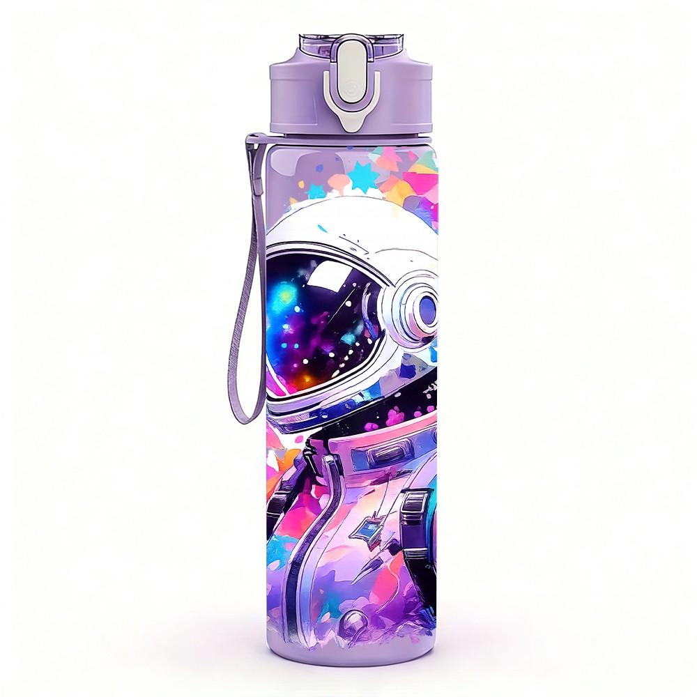 1PC Space Astronaut Galaxy Color Print 750ml Color Plastic Sports Water Bottle Leakproof Flip Straw Lid Suitable for Sports Office Home Use