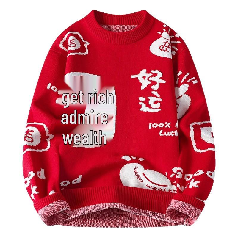 Herrstorlek Festlig Röd Stickad Tröja - Stjärntecken Rund Hals, Höst/Vinter, Exklusiv Känsla, Perfekt för Par