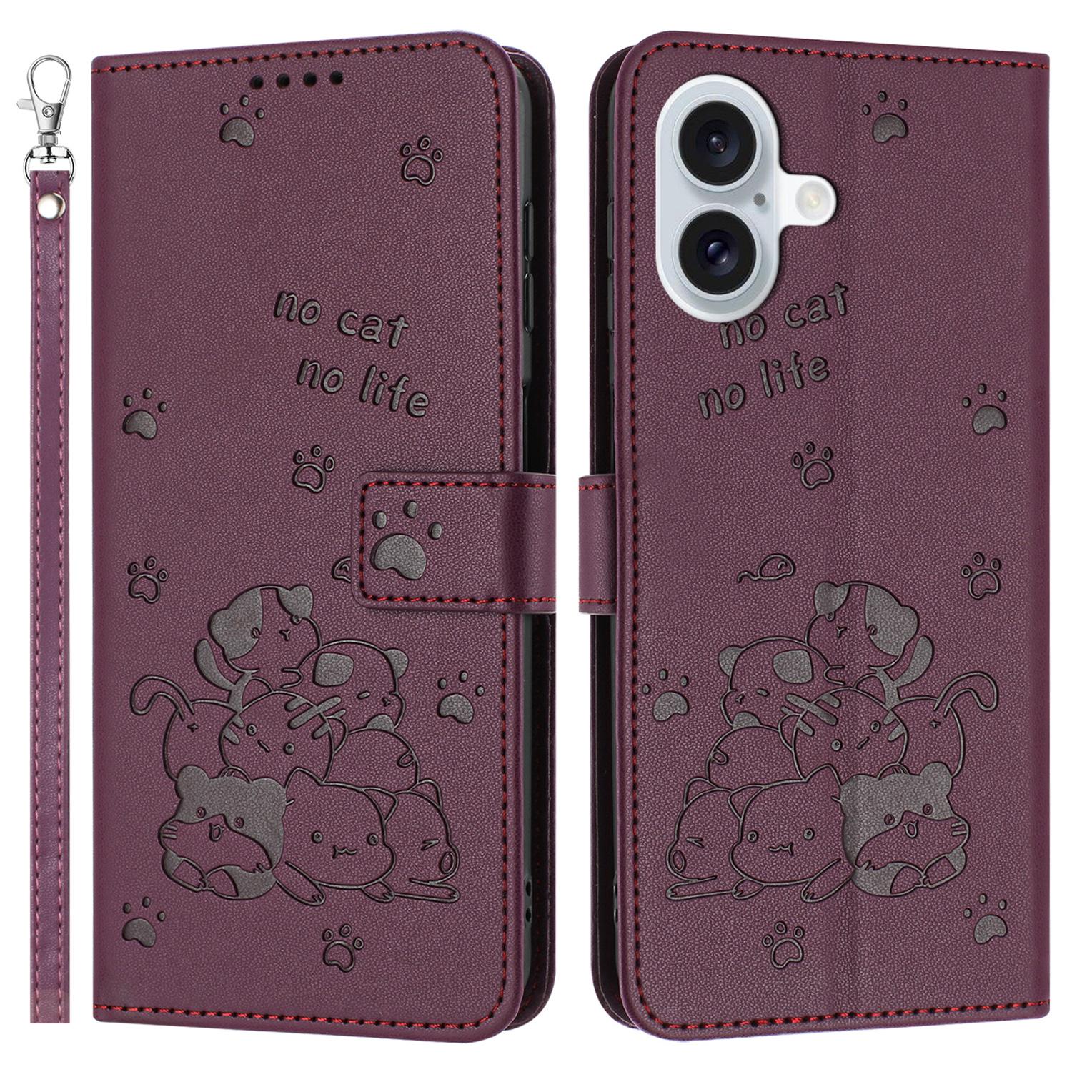 For iPhone 16 Plus Case with Strap Cats Imprint Leather Wallet Phone Cover F