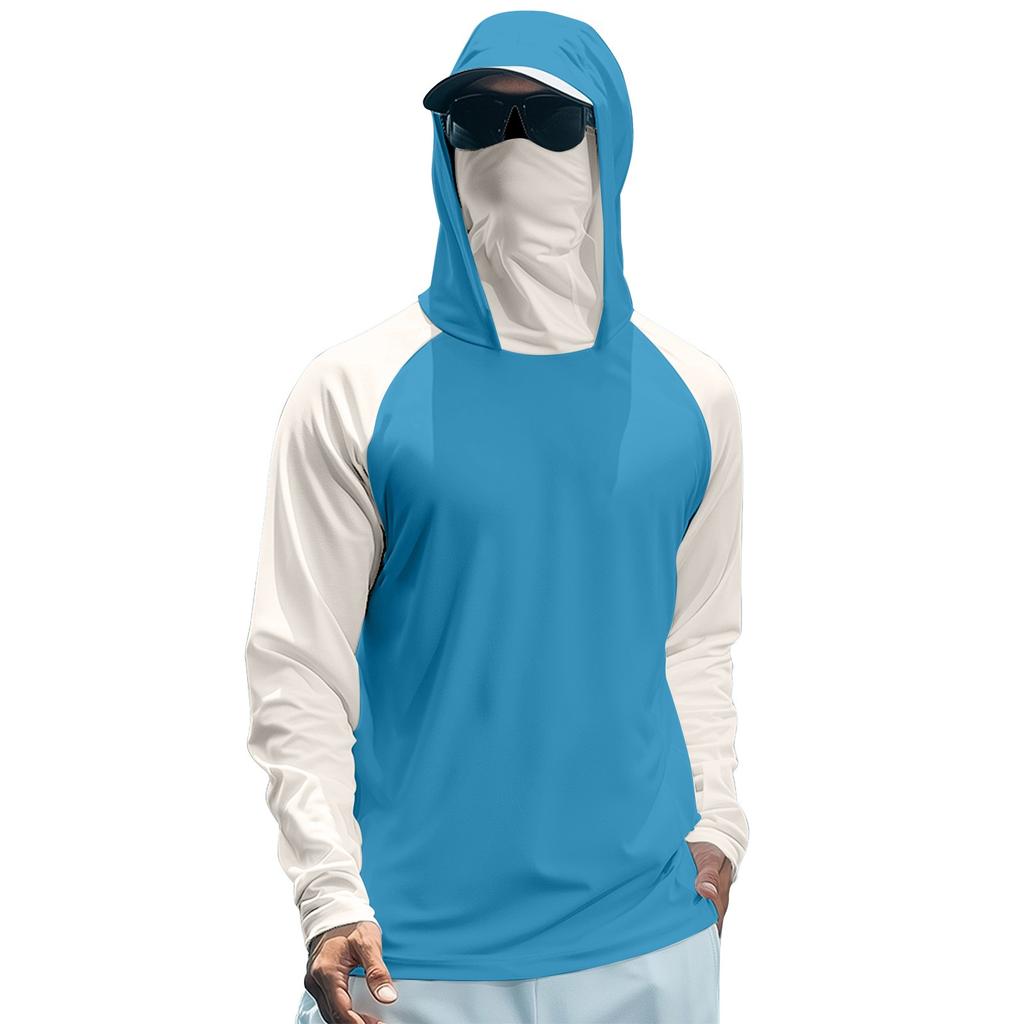 Herren Sommer Farbblock Schnelltrocknendes Langarm-T-Shirt Sonnenschutzkleidung Angeln Fitness Sport Kapuzen-Langarm-Top