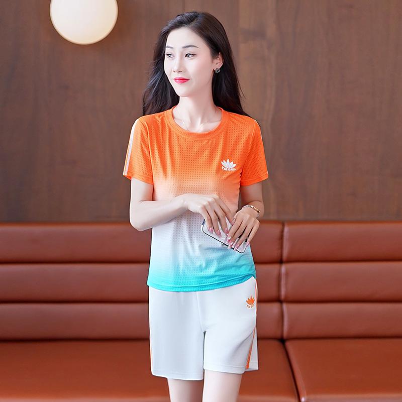 Damski dres sportowy rekreacyjny, letni, z lodowego jedwabiu, szybkoschnący, zestaw dwuczęściowy z krótkim rękawem