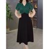 Women Summer Color Block Midi Dress Lapel A Line Casual Dress