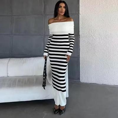 Off Shoulder Falda Sexy Mujer Slash Neck Striped Color-block Slim Knitted Bodycon Dress Autumn Wrapped Dresses ChicDresses