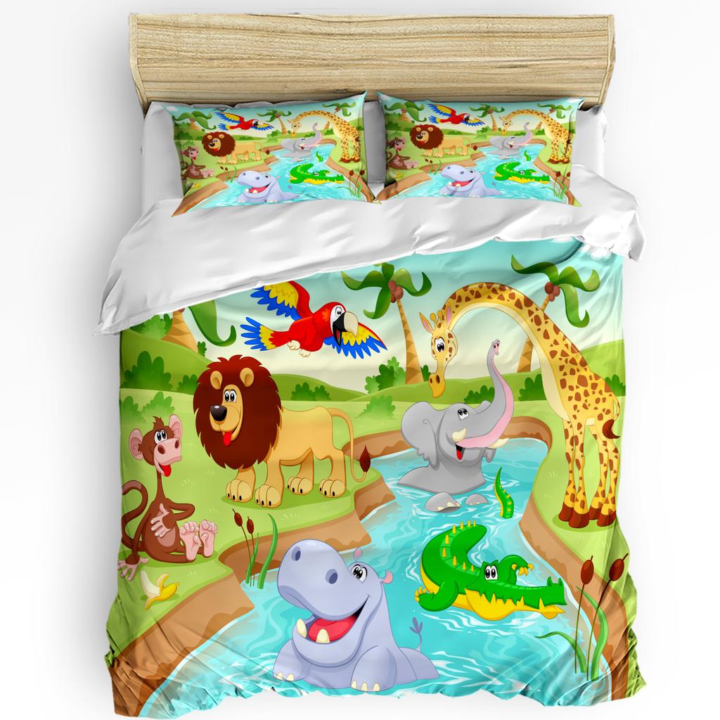 Tropical Jungle Cartoon Animal Giraffe Lion Elephant Duvet Cover Pillow Case Bedding Set Quilt Cover Double Bed Home Textile