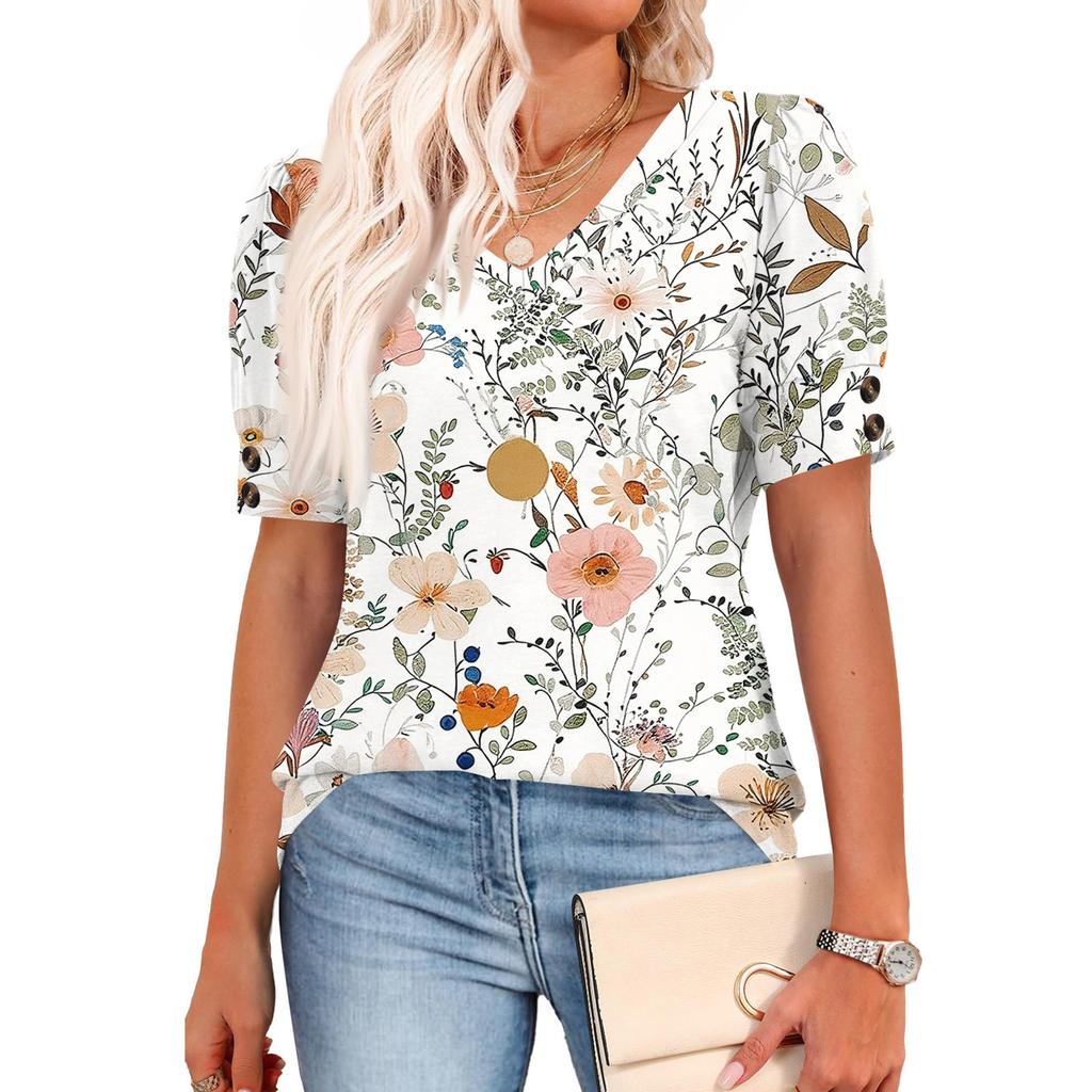 Womens Tops Short Sleeve Shirts Buttons V Neck  Fashion Outfits  Blouses  Casual