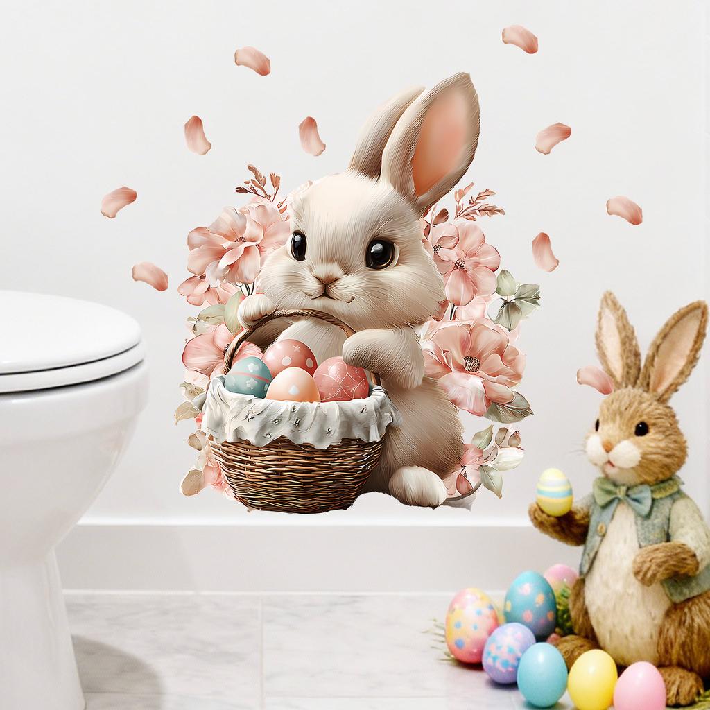 Easter Bunny with Eggs and Flower Basket Wall Sticker Self-Adhesive Removable for Bedroom Living Room Study Holiday Decor