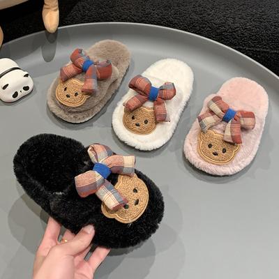 Chic Children's Slipper for Girls Cute Bear Bowknot Kids' Winter Shoes Soft Bottom Fluffy Toddlers Fashion Sweet Cotton Slippers