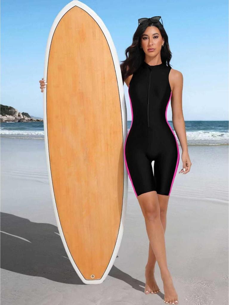 European and American Women's Slim-Fit One-Piece Zipper Swimsuit: Five-Point Pants for Diving & Surfing