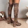 Fashion Skinny Boots Autumn New Round Toe Paneled Leopard Suede Square Heel Over-the-Knee Boots