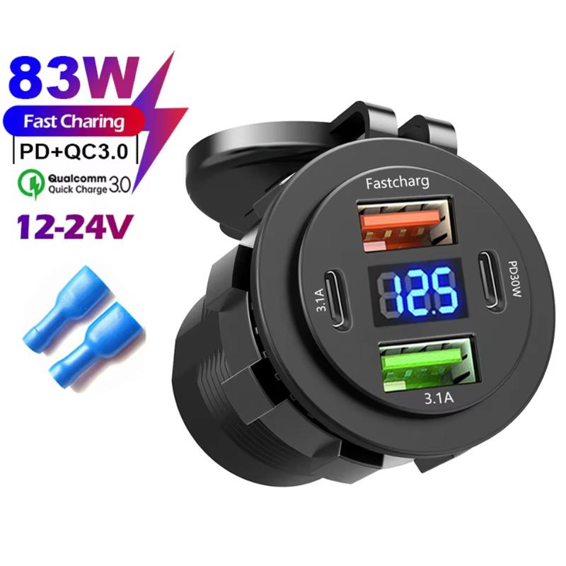 4-Ports 86W Car Charger PD Type C QC3.0 Fast Charging with Voltmeter Power Outlet Adapter Waterproof 12V/24V for Car Boat