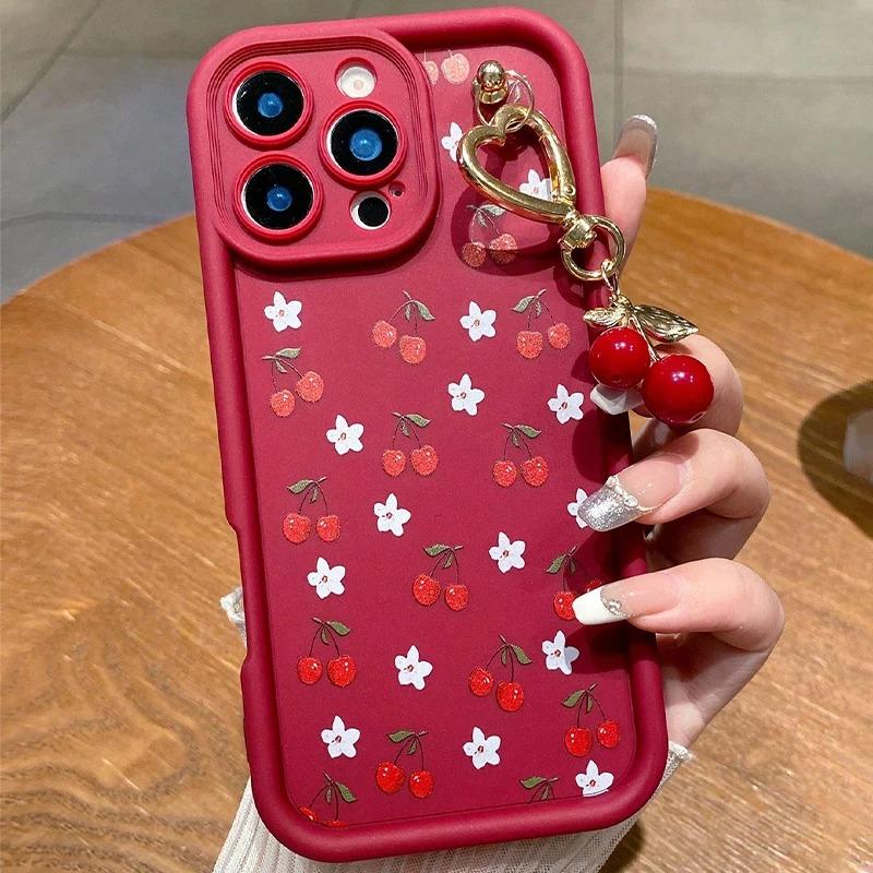 Red Cherry Pattern Silicone Phone Case For 17 16 15 14 13 12 11 Pro Max 17 Air 16E XS X XR 7 8 Plus Cherry Chain Cover
