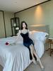 Gold Velvet Rhinestone Evening Gown for Women with Waist-Cinching Slim Fit and Split Strap Design