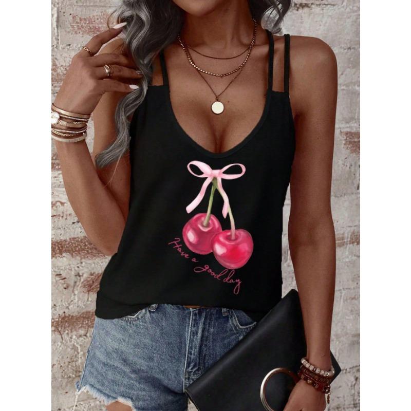 Womens V Neck Double Strap Tank Top With Dragonfly Print Casual Solid Color Sleeveless Blouse