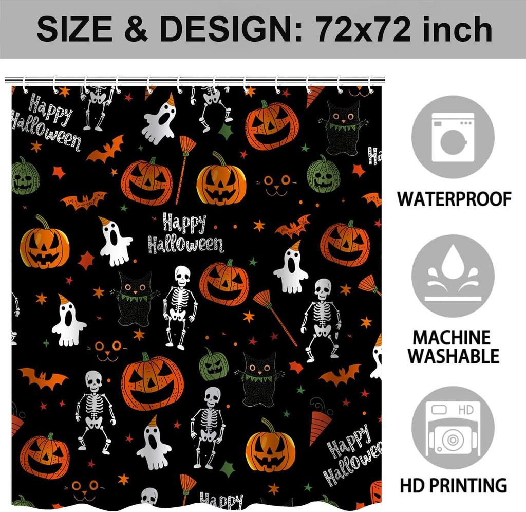 Halloween Shower Curtain,Black Fall Shower Curtains for Bathroom,Horror Skeleton Halloween Curtains Ghost Shower Curtain Set for