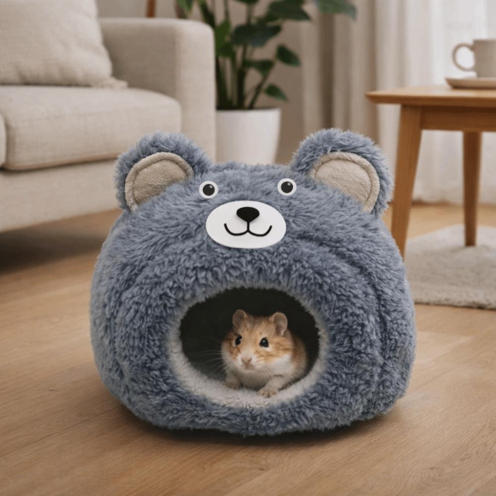 Cartoon Hamster Warm Nest Semi-enclosed Bear Shape Guinea Pig House Plush Windproof Hamster Cotton Nest Cage Accessories