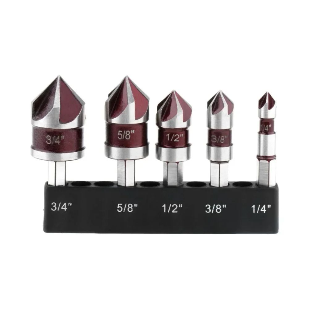 5PCS Professional Metal Countersink Drill Bit Set Multi-Size 1/4 3/8 1/2 5/8 3/4inch Deburring Bit Countersunk Bits Plastic