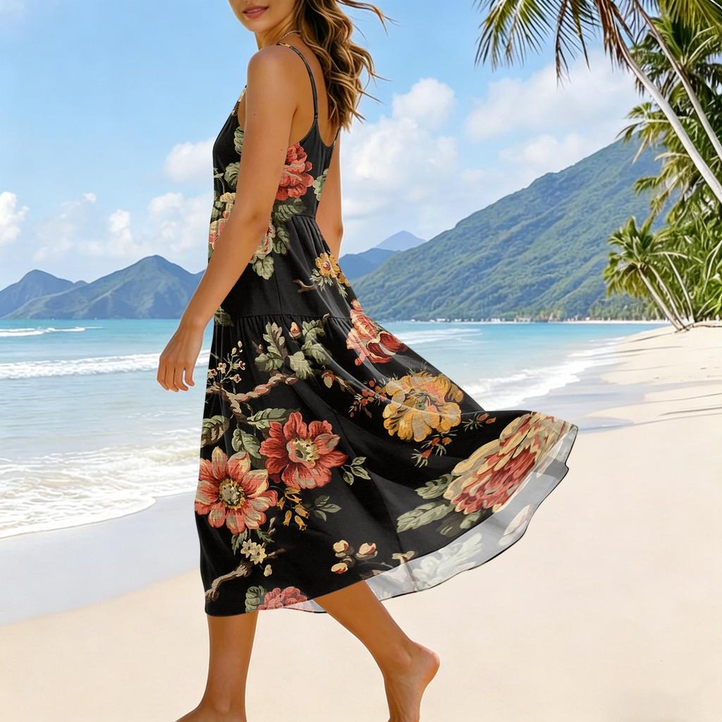 Ärmelloses Damen Maxikleid mit Spaghettiträgern, Farbverlaufdruck, Sommerlich, Fließend, Mehrlagig, Strandkleid, Lässig, Locker sitzend, Strandmode