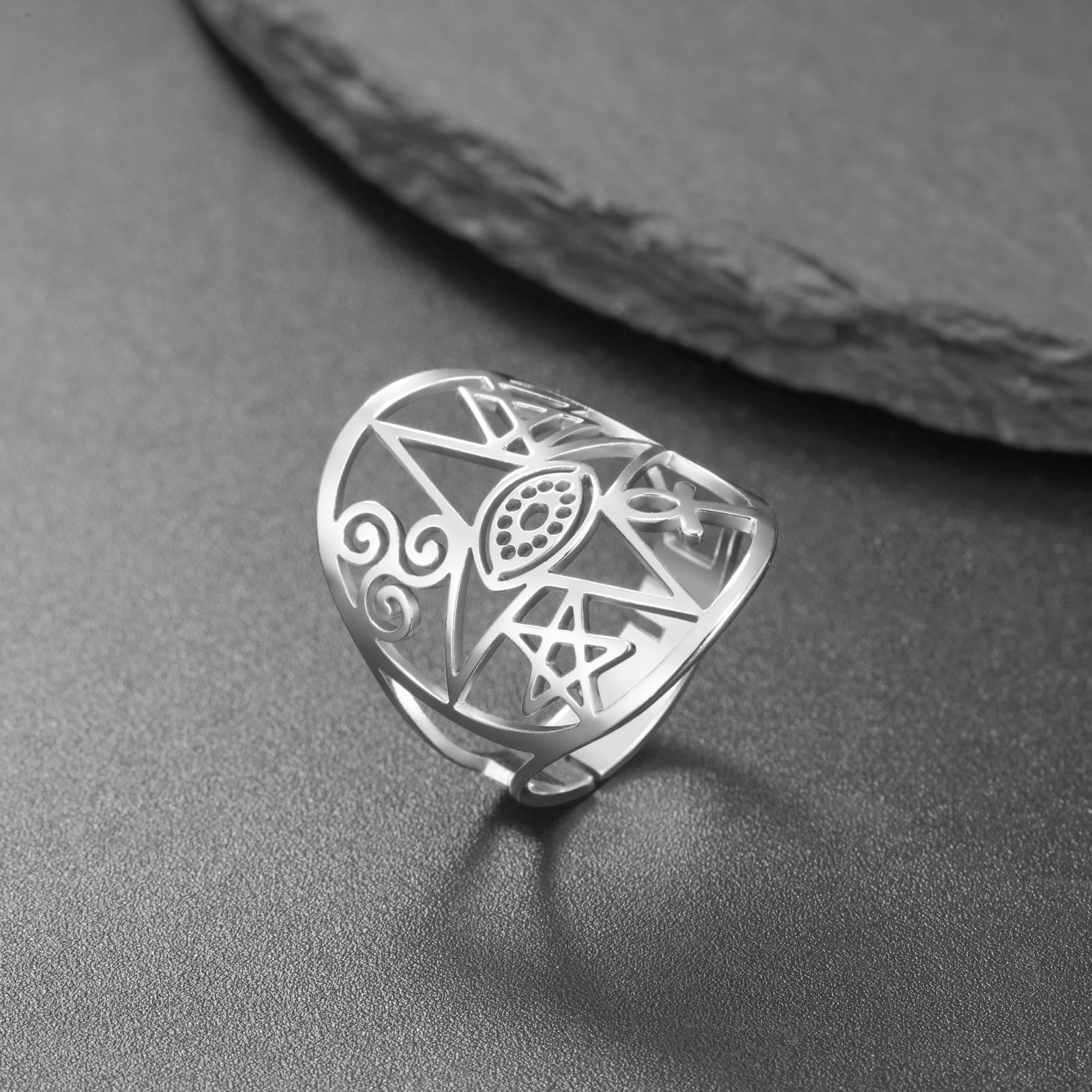 

LIKGREAT Hollow Evil Eye Ankh Adjustable Ring for Women Stainless Steel Star of David Open Rings Triskelion Valknut Jewelry Gift resizable