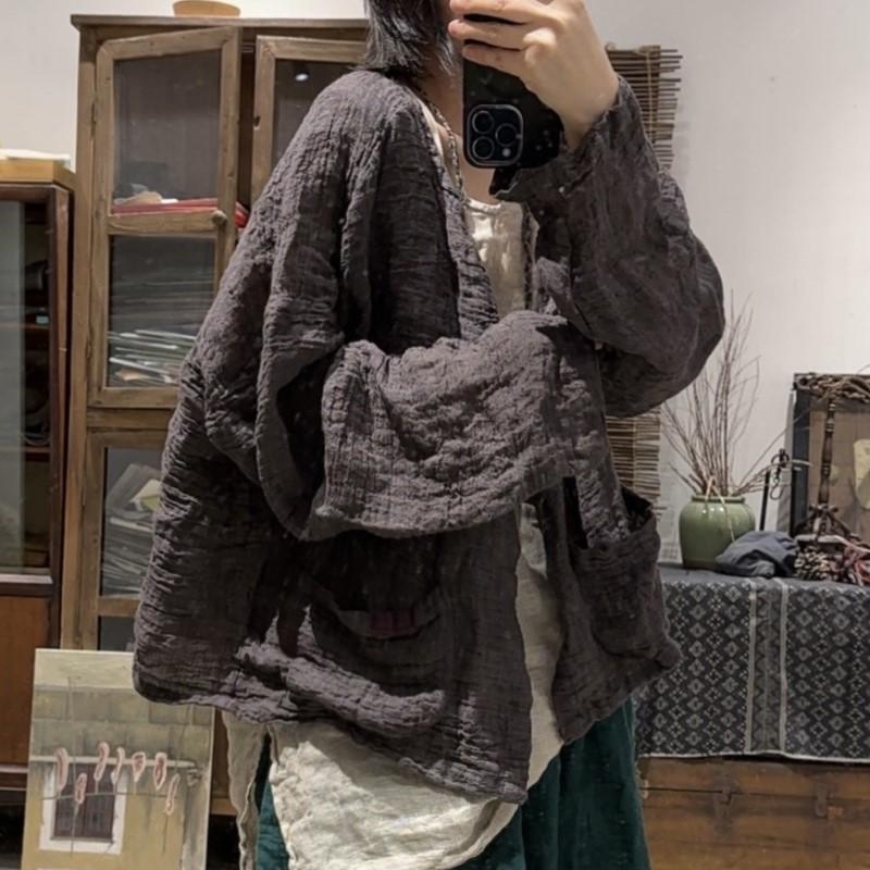 Johnature Damen Vintage Einfarbig O-Ausschnitt Langarm Frühling Chinesischer Stil Weiche Damenmäntel