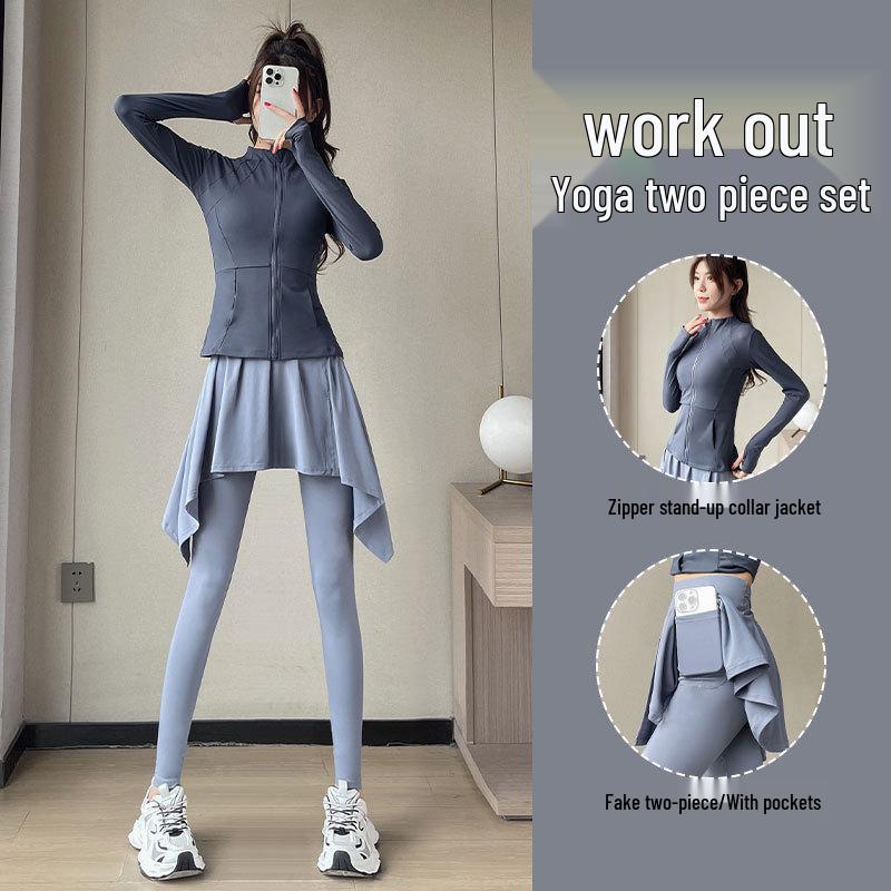 Women's Autumn 2024 Yoga and Sportswear Set: Running Jacket, Tennis/Badminton Skirt, and Fitness Pants