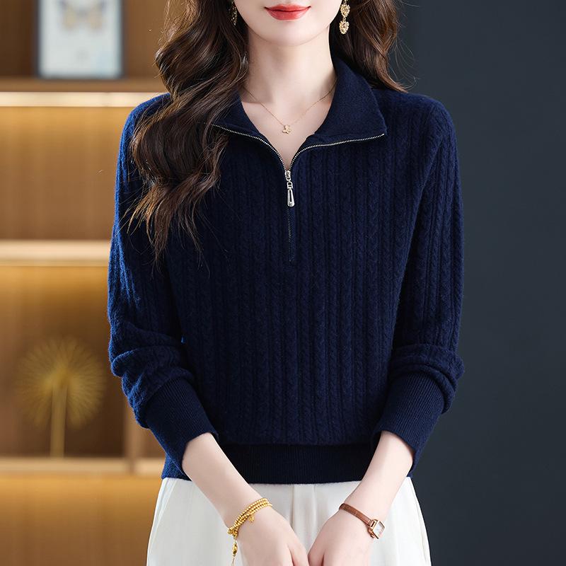 Women's Pure Wool Half-Zip Sweater - Stand Collar, Autumn/Winter Thick Knit for Middle-Aged Women, Petite Base Layer