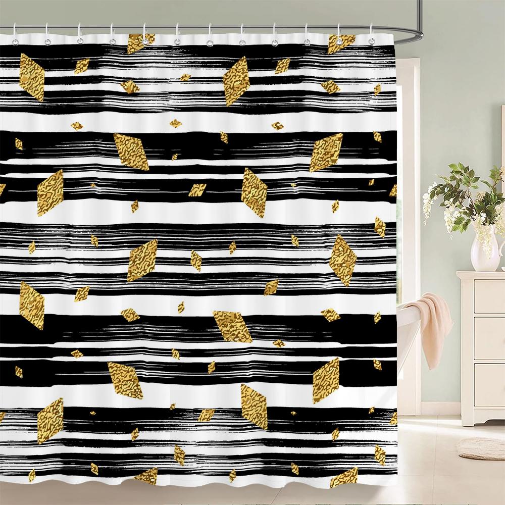 Modern Black And White Gold Star Pattern Print Shower Curtain With Hooks For Waterproof Durable Bathtub Curtains Bathroom Decor