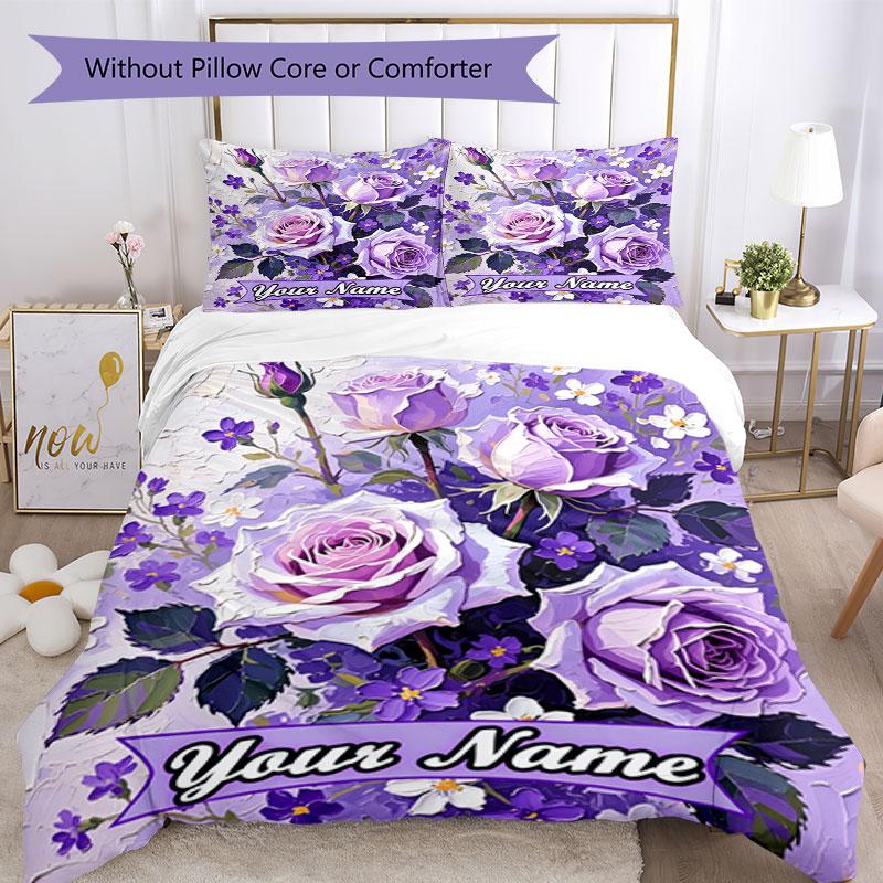 3PC Custom Name Purple Roses Garden Bedding Set Duvet Cover Closure Includes 1 Duvet Cover & 2 Pillowcases for Bedroom