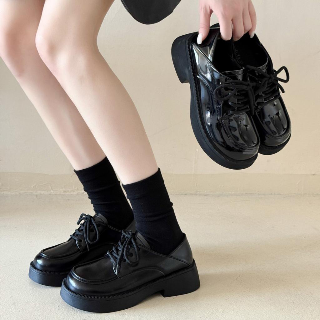 Black Flat-bottomed Lace-up British Style Small Leather Shoes Women's 2025 New Summer and Autumn College Style with Skirt Loafers Single Shoes