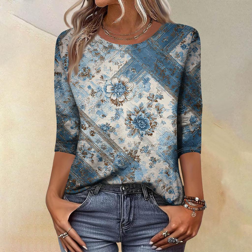 Trendy Vintage 3/4 Sleeve Top For Women,Ladies Casual Three Quarter Sleeve Round Collar Printed T-Shirt Blouse