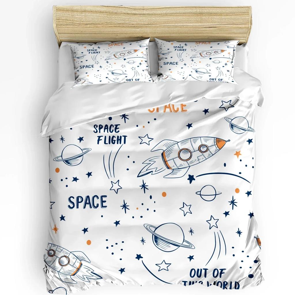 Outer Space Cartoon Cute Spaceship Rocket Duvet Cover With Pillow Case 3Pcs Bedding Set Quilt Cover Double Bed Home Textile
