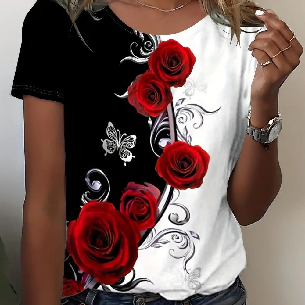 Elegant and Stylish Women's T-shirt with Colorful Roses and a Round Neckline, a Versatile and Refreshing Y2K-style Top for Summer