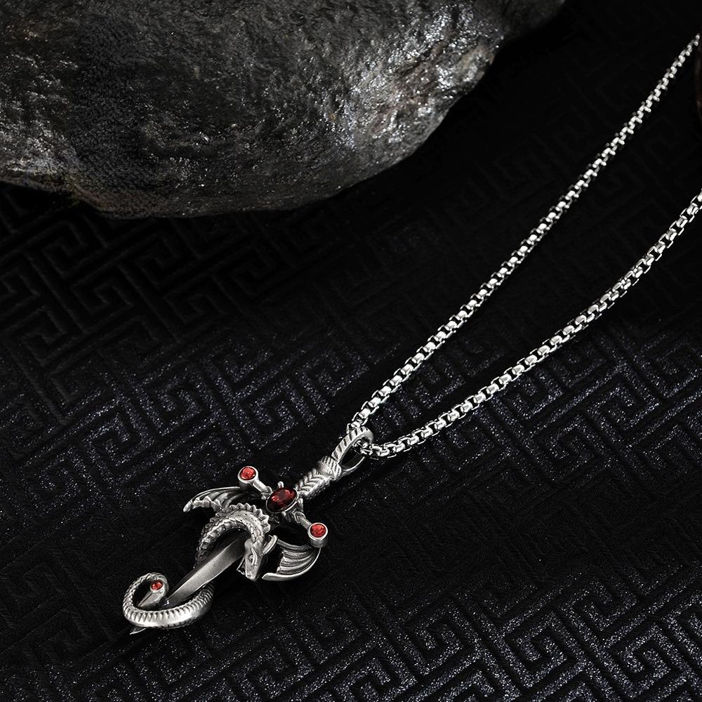 Vintage silver dragon sword cross pendant necklace for men and women Gothic punk long chain necklace hip hop jewelry