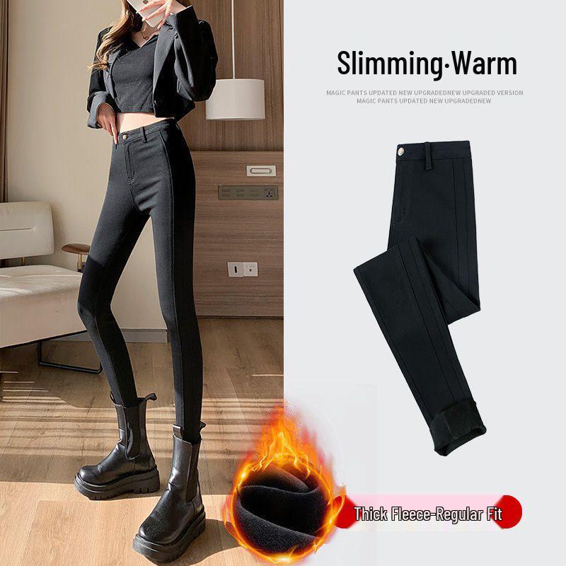 Women's Plus Size Fleece Lined Tummy Control Leggings - Slim Fit Pencil Pants for Spring and Autumn