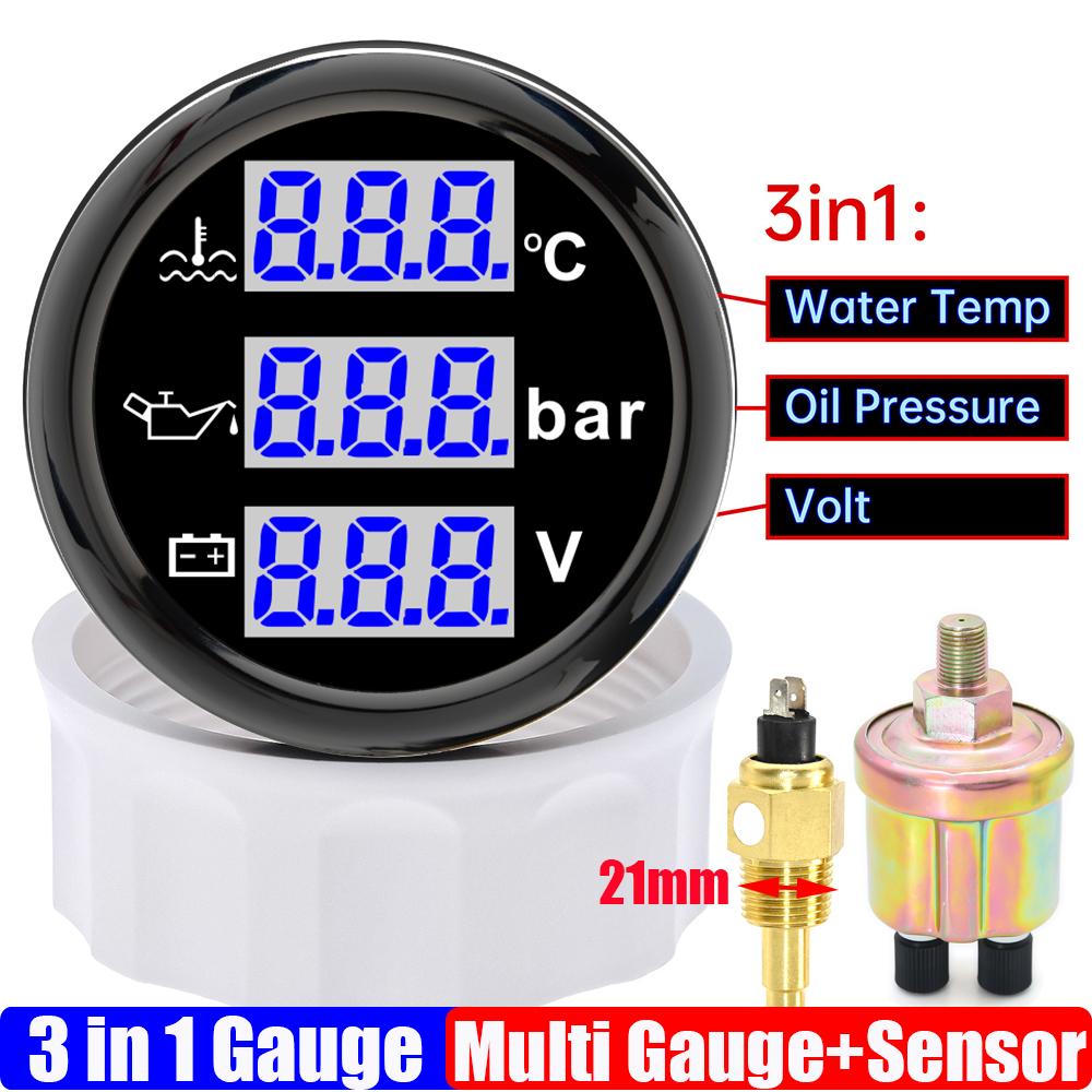 Blauer LED Digitaler 52mm Messgerät mit Alarm 0~120℃ Wassertemperaturanzeige+Öldruck+Spannung mit Öl-/Wassertemperatursensor