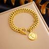 Fashion Vintage Gold Plated Portrait Round Tag Stainless Steel Ot Clasp Bracelet