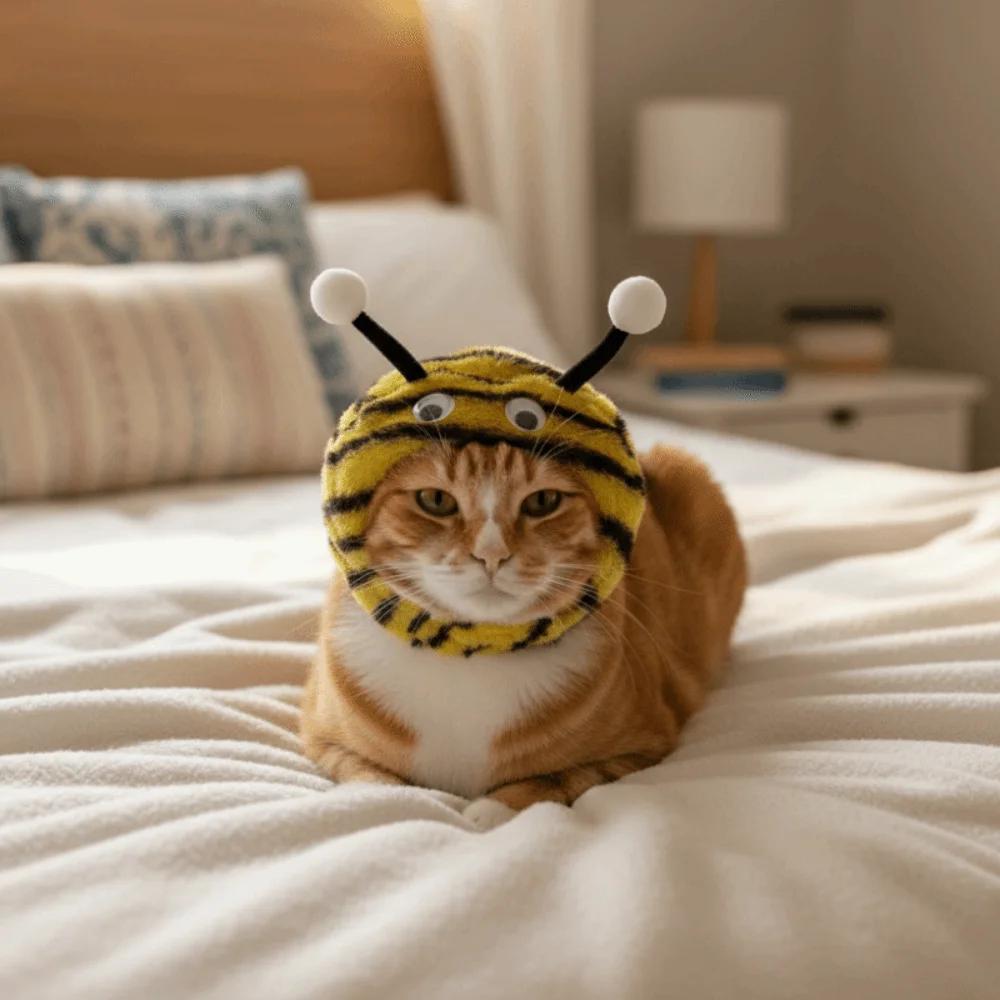 Funny Warm Cat Bee Headdress Plush Cartoon Cat Headwear Adjustable with Active Eyes Pet Cosplay Hat for Puppy Dogs Cats