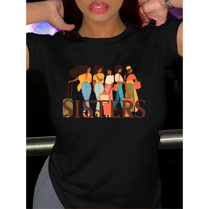 European size Women'S Casual Crew Neck T-Shirt, Sisters Team Graphic Print, Short Sleeve Top for Spring and Summer, Casual Wear