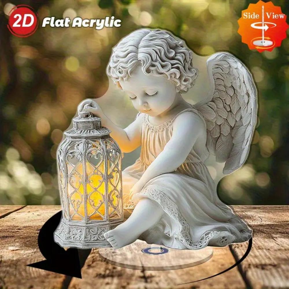 Elegante Angelo Rotante 2D in Acrilico con Lanterna, Base Stabile e Leggera Decorazione per Casa, Ufficio, Chiesa e Cimitero, Perfetto per Natale, Matrimoni