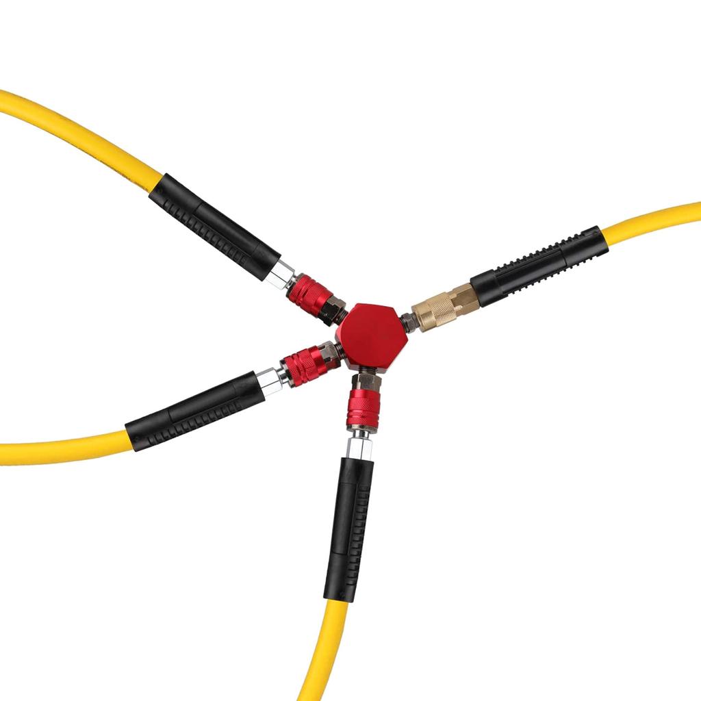 3-Way Air Manifold 4 Ports Aluminum Industrial Flat Hex Quick Connect Air Hose Splitter with Couplers and Male NPT Plug