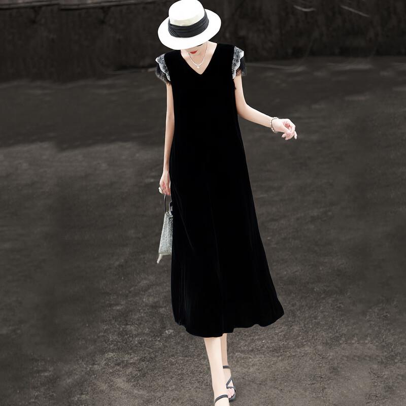 Lancer Hepburn Style Lace V-Neck Silk Velvet Dress