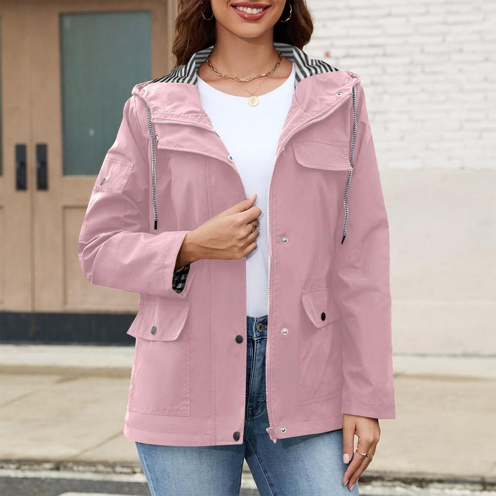 Damenmode Trenchcoat Einfarbig Langärmlig Kapuze Mehrere Taschen Jacke