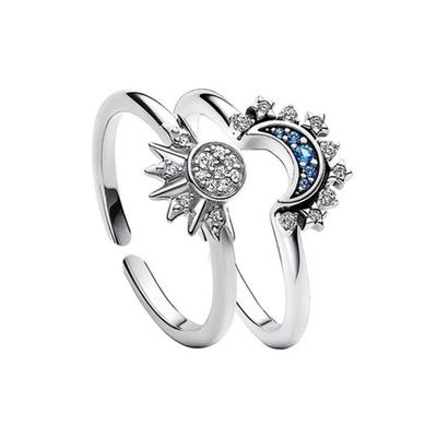 2Pcs Colorful Diamonds Open Rings Alloy Finger Rings Ornaments Stackable Sun Moon Rings Accessory Set for Women Girls