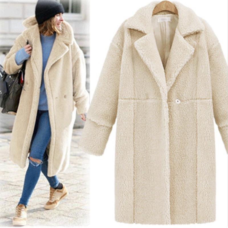 European and American Winter Women's Clothing Fleece Solid Color Medium and Long Woolen Coat Thickened Coat