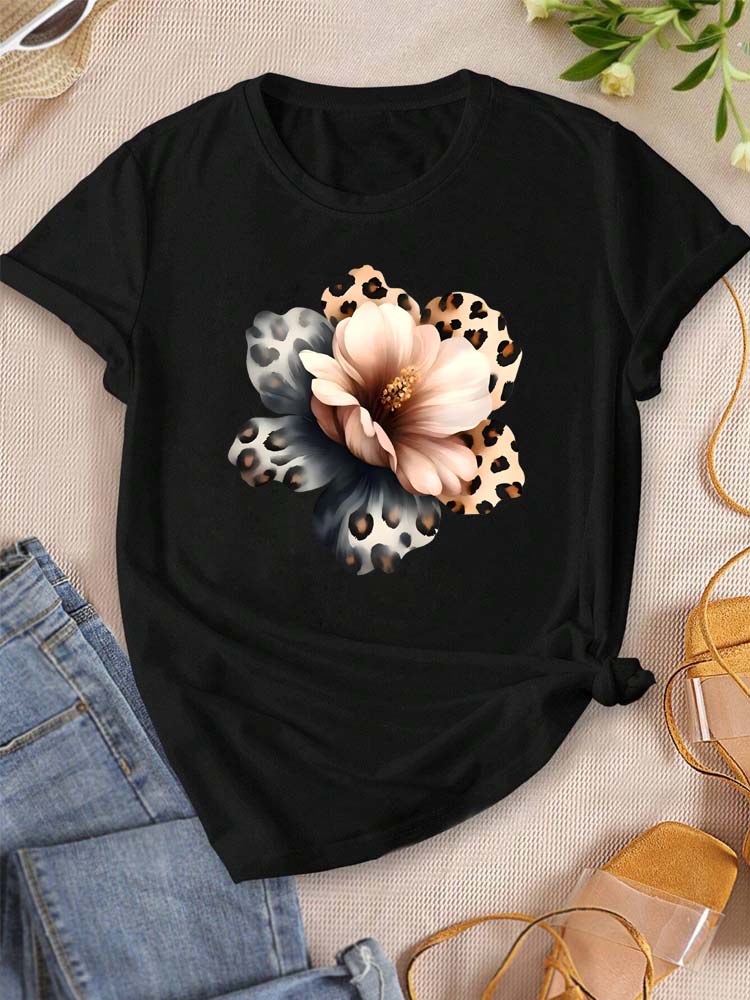Watercolor Leopard Print Flower Women T-shirt Fashion Graphic Clothing Funny Harajuku T-shirt Female Clothes Tops