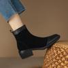 Krazing Pot Cow Skin Cow Suede Winter Square Toe Thick Heels Chelsea Fashion Boots Women Zipper Patch Work Women Ankle Boots