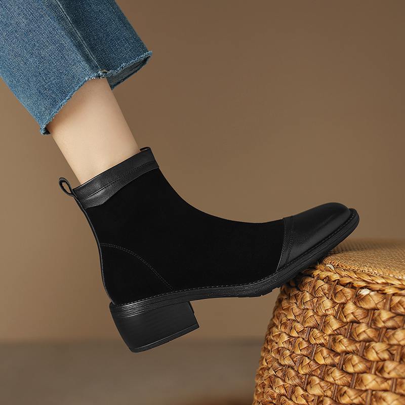 Krazing Pot Cow Skin Cow Suede Winter Square Toe Thick Heels Chelsea Fashion Boots Women Zipper Patch Work Women Ankle Boots