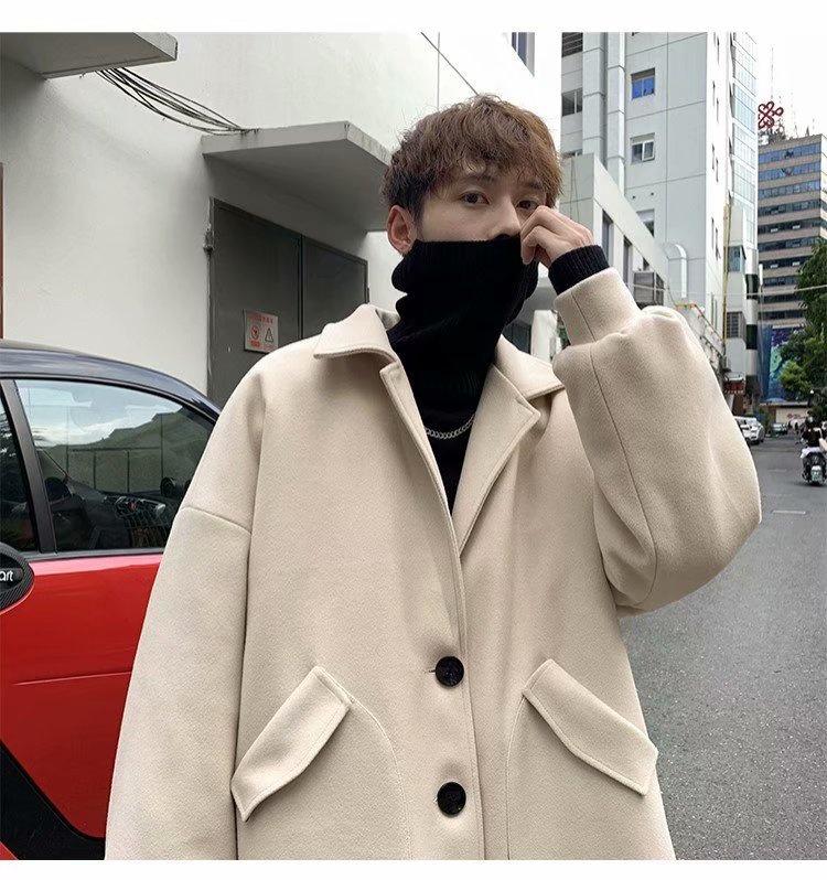Men's Trendy Mid-Length Woolen Coat - Hong Kong Style, Autumn/Winter, Korean Version, Casual Fit, Handsome Look.