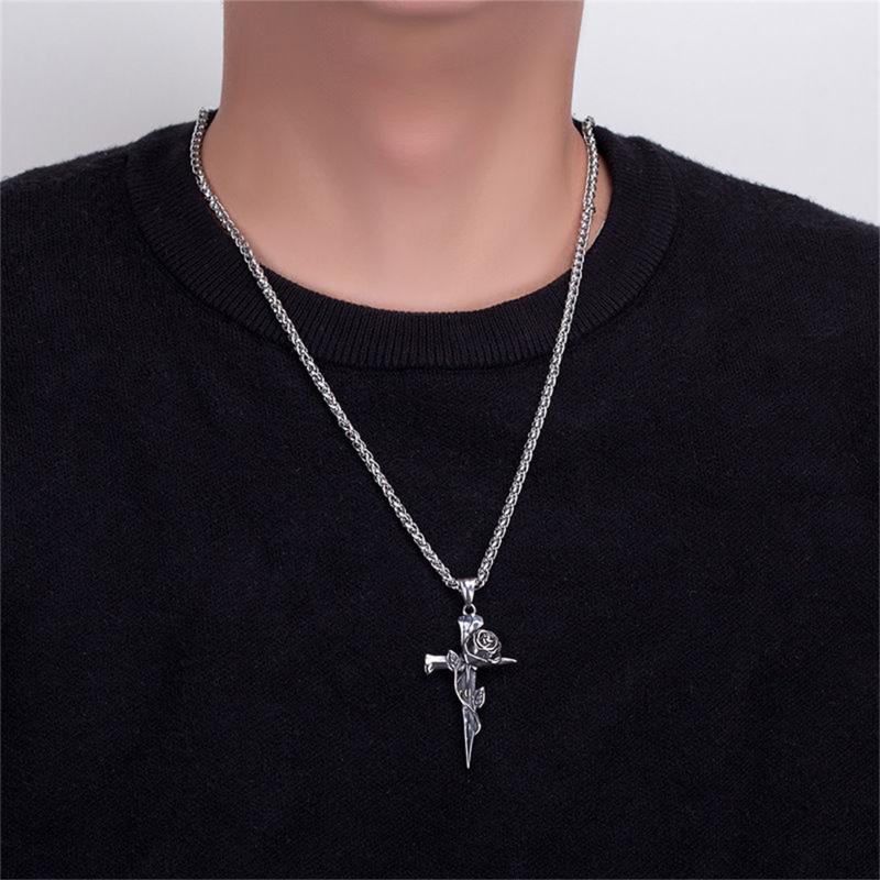 Fashion Vintage Rose Cross Pendant Necklace for Women Men Punk Goth Jewelry Chain for Romantic