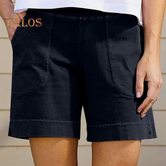Women's Cotton Linen Shorts Elastic Waist Baggy Short Pants with Pockets Casual Knee-Length Summer Shorts